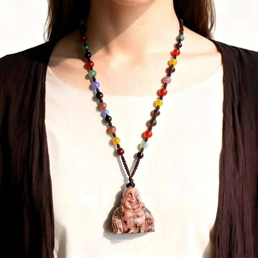 

2-дюймовый натуральный родонит ручной работы, кристалл, смех Будды с цепочкой из агатовых бусин диаметром 60 см