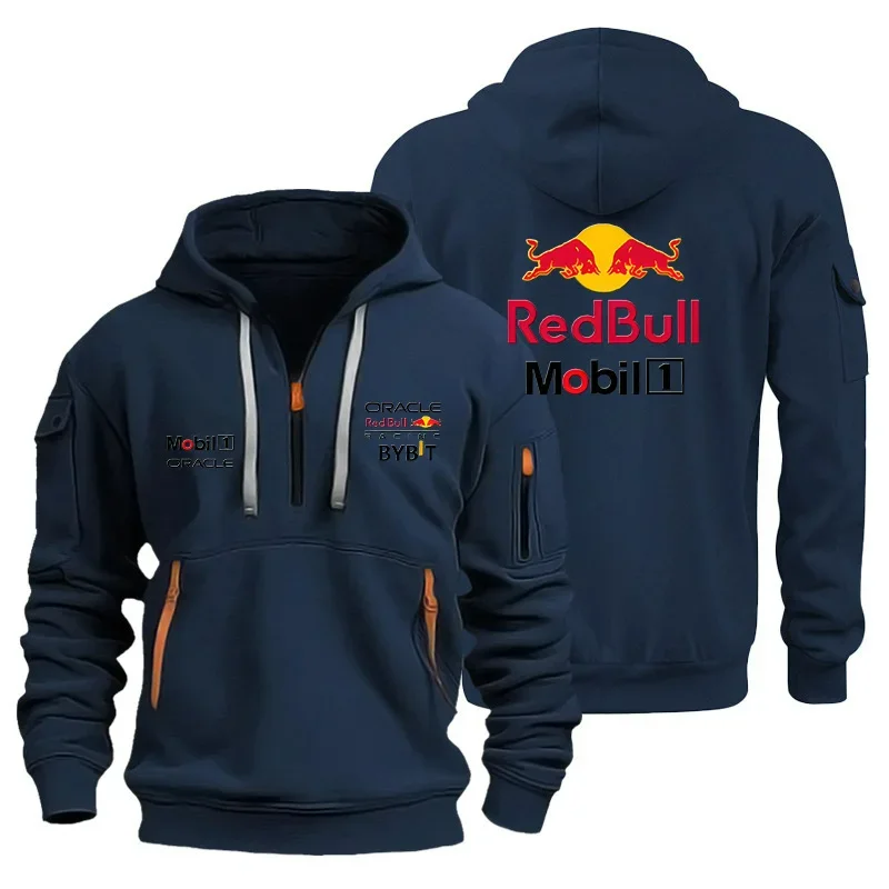 الأوروبية الجديدة الرجال الرياضة سستة قميص كم جيب فضفاض عارضة البلوز ريد بول شعار قطرة الكتف مقنعين سترة البلوز