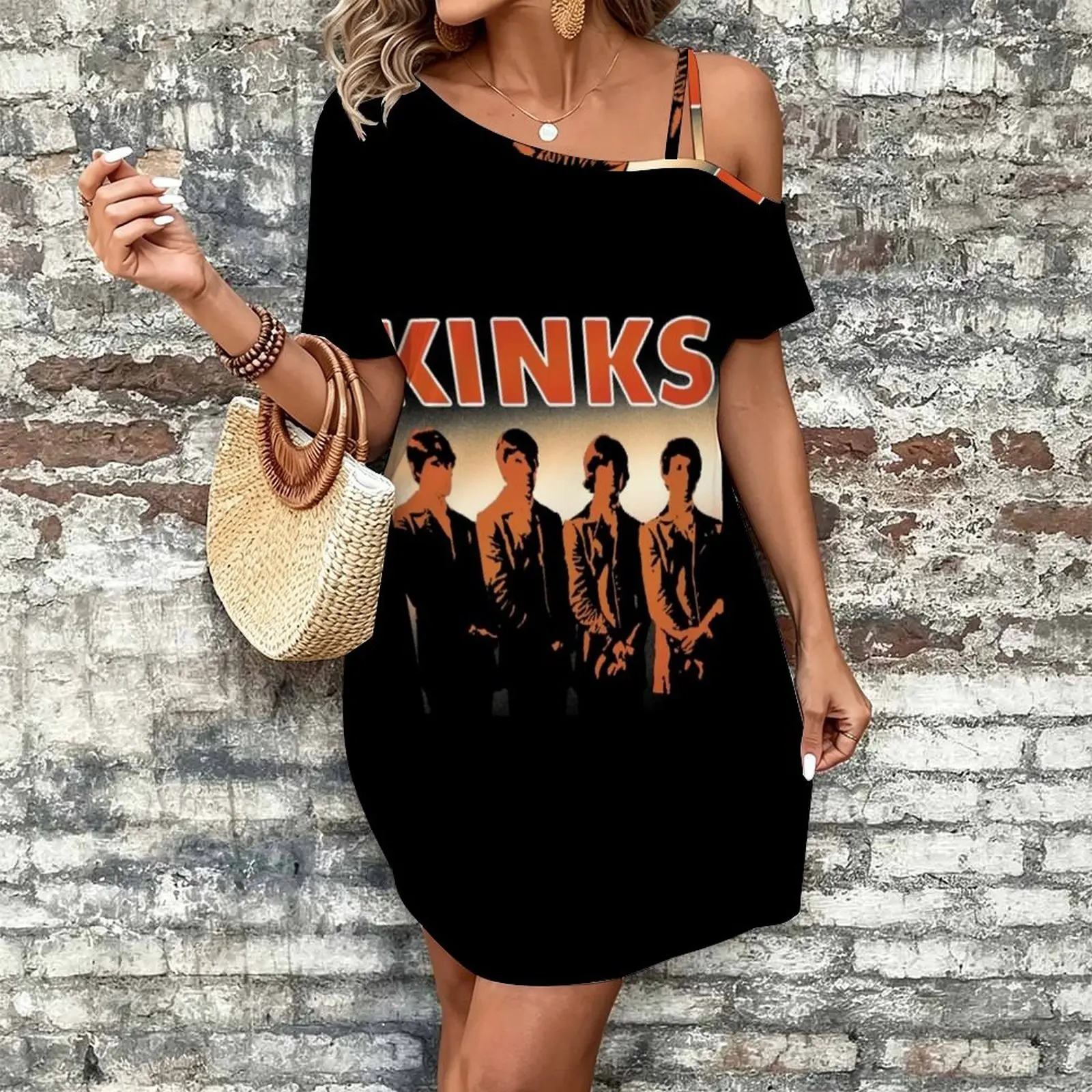 Kinks Vintage The Kinks Band Life Stinks I Like The Kinks Women's Slanted Shoulder Single Strap Short-Sleeved Dress