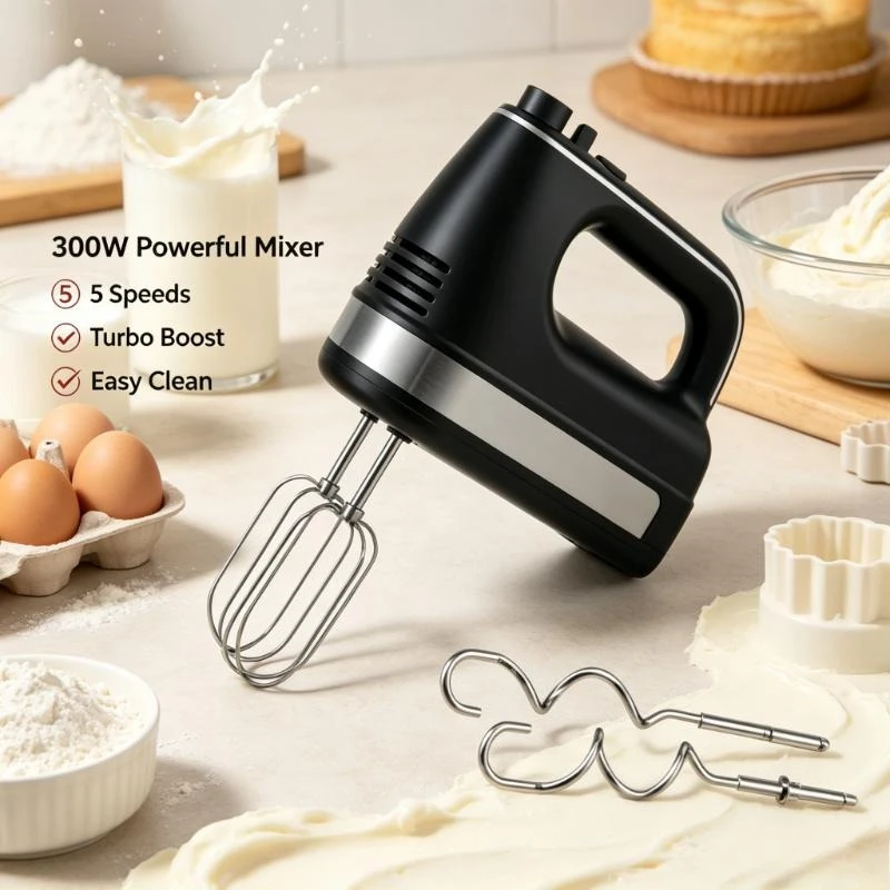 Frullatore Elettrico Wetech W6316 a 5 Velocità con Turbo Boost, 300W, Accessori in Acciaio per Montare la Panna in Cucina