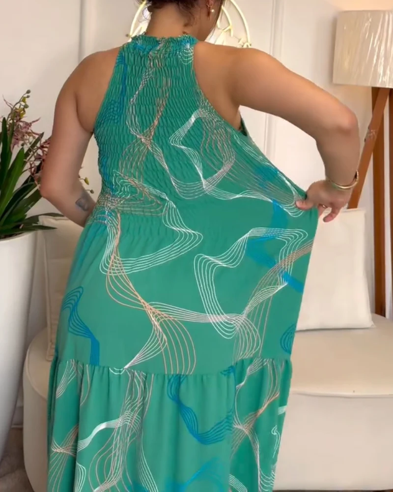 Vestido de verão mulher 2025 captura abstrata impressão halter sem mangas shirred em camadas y2k maxi vestido para mulher férias midi vestido