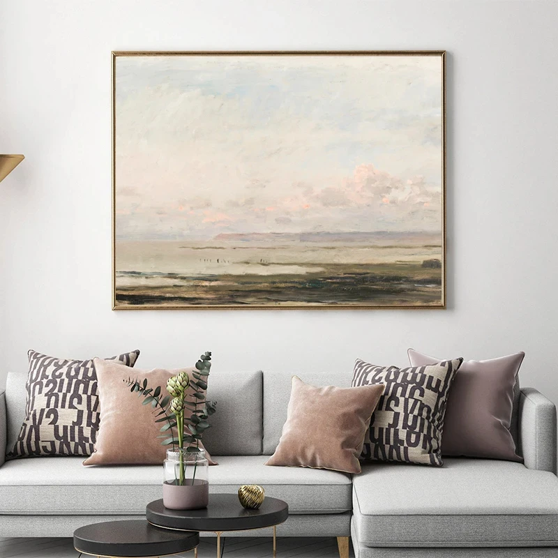 Vintage Seascape Canvas Painting, Coastal Landscape Wall Pictures, Pastel Beach Art Prints, Living Room, Farmhouse, Nautical Dec