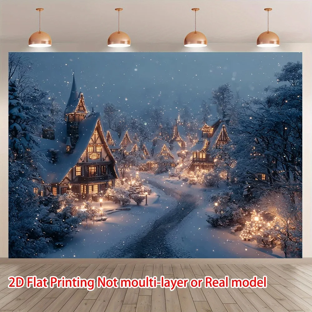 2D Flat, Winter Wonderland Snowy Village Tapestry with Twinkling & Snow-Covered Houses - Horizontal Flannel Wall Hanging Suitabl