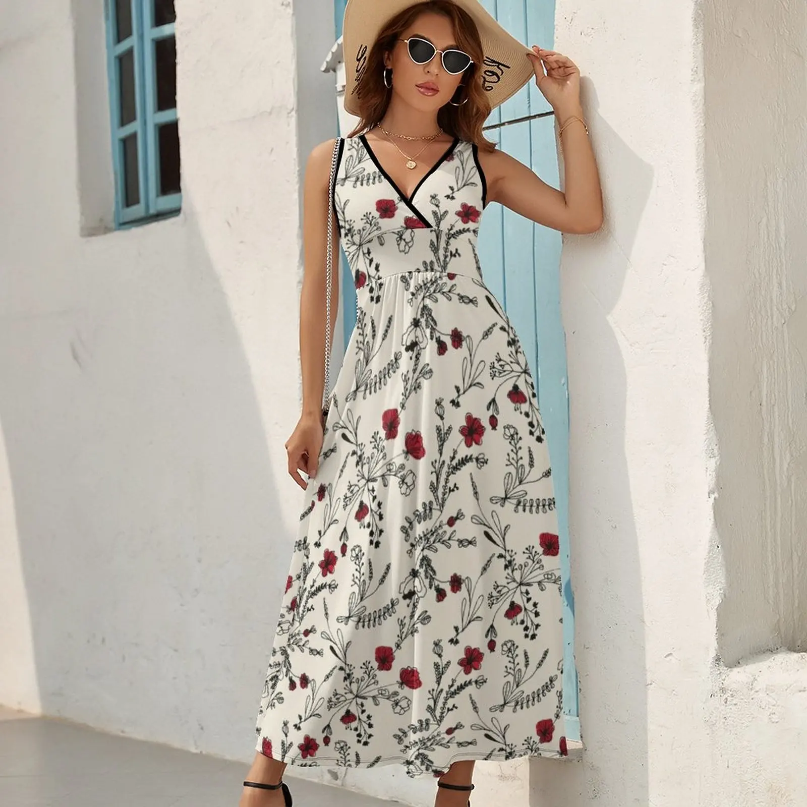 Red Flower Pattern Sleeveless Dress luxury dress Beachwear