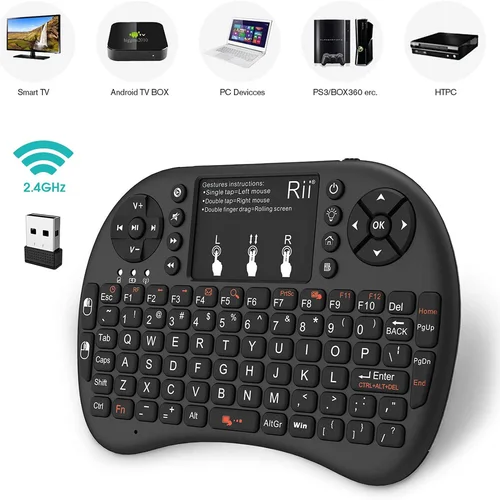 Rii i8 + Mini teclado inalámbrico 2,4 GHz teclado inalámbrico con panel táctil para Android TV Box, PC, portátil, Smart TV, HTPC