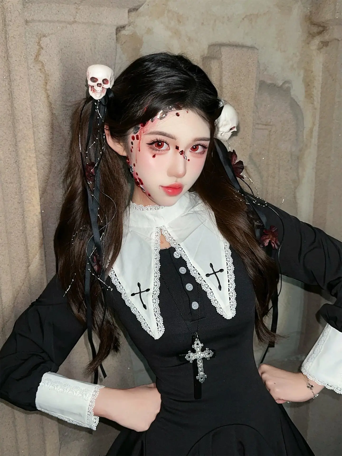 فستان راهبة قوطي بخصر مرتفع Ltt7، زي تنكري لحفلات عيد الميلاد، تصميم كاذب من قطعتين بأسلوب داكن، زي تقليدي للنساء