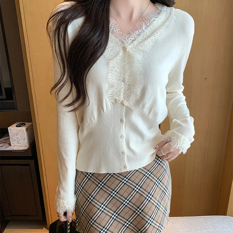 

2024 Autumn Winter New Lace V-neck Solid Knitted Cardigan Office Lady Fashion Temperament Elastic Slim Single Breasted Sweaters