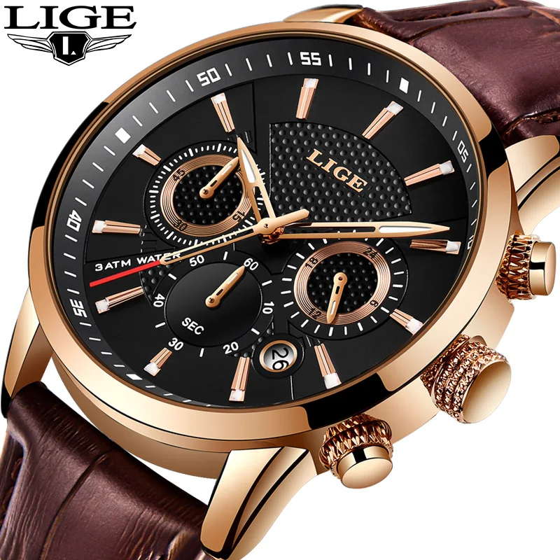 LIGE New Fashion Sport Quartz Watches Men Luxury Business Leather Watch Waterproof Wristwatches Male Clock Relogios Masculino