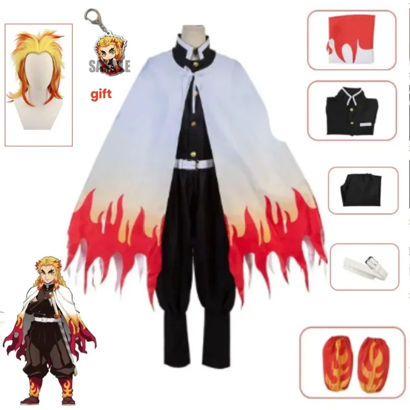 Anime trem mugen temporada demon slayer rengoku kyojuro cosplay trajes peruca kimetsu não yaiba robe kinomo ternos para meninos adultos