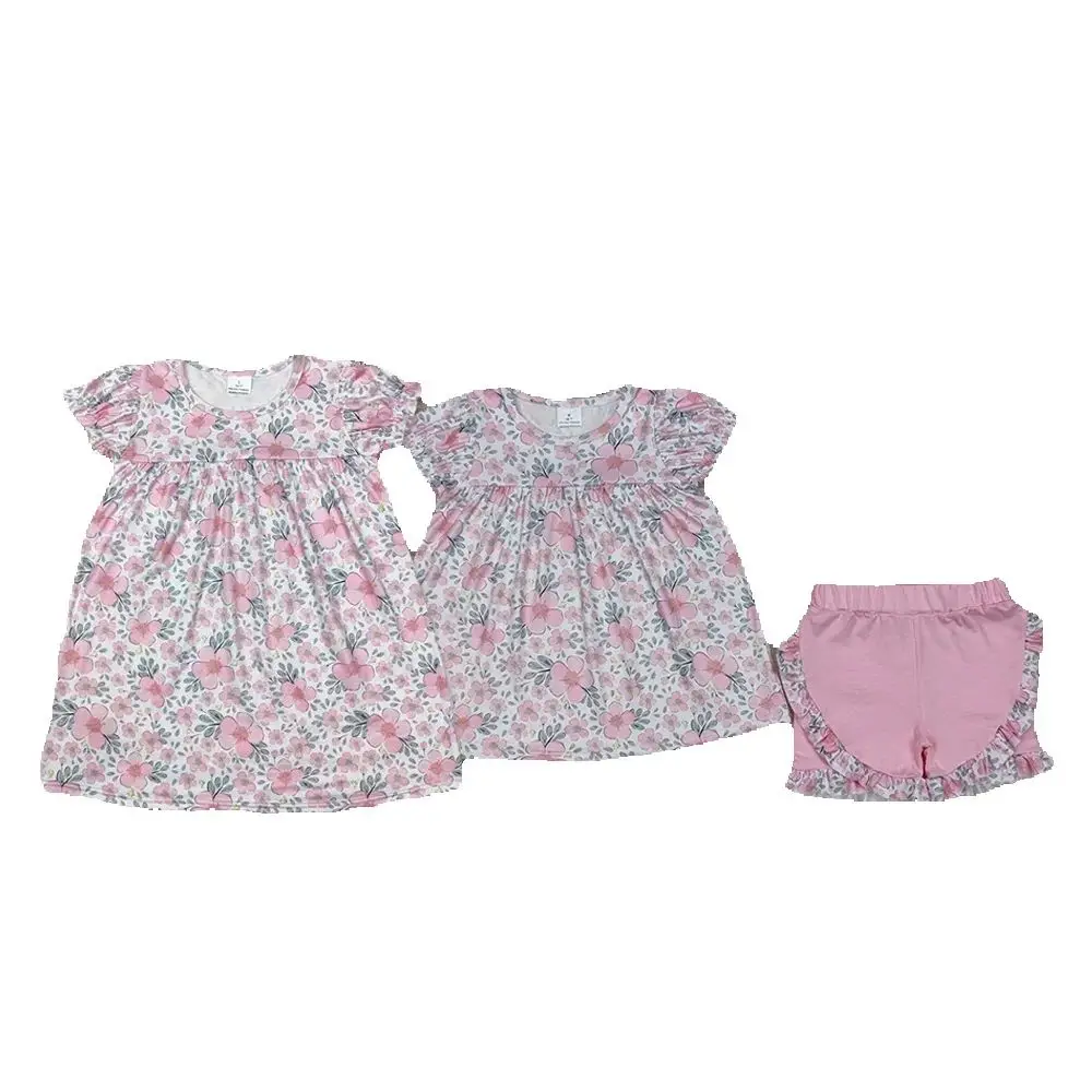 

Sibling Baby Girls Pink Flowers Leaves Tunic Top Ruffle Shorts Clothes Sets