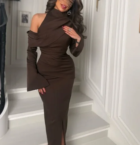 High Quality Customized  Halter Brown Ankle Length Three Quarter Straight Vestido De Formatura Longo Robes De Soirée Vert فستان