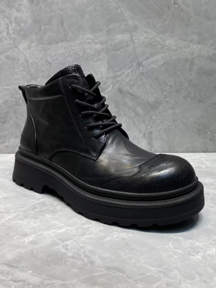 

High Quali Casual Leather Men's oes Comfortable Faionable Versatile Youthful Trendy round Toe Thi Heel Rubber Outsole