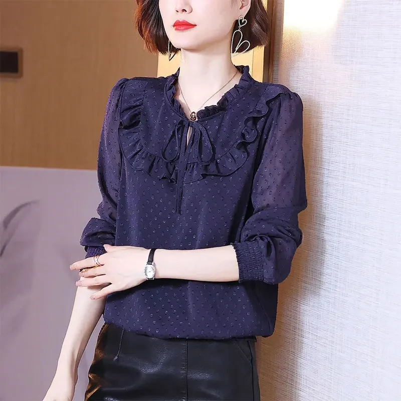 Women\'s Clothing Casual Polka Dot Round Neck Shirt Stylish Ruffles Drawstring Spring Autumn Spliced Shirring Long Sleeve Blouse