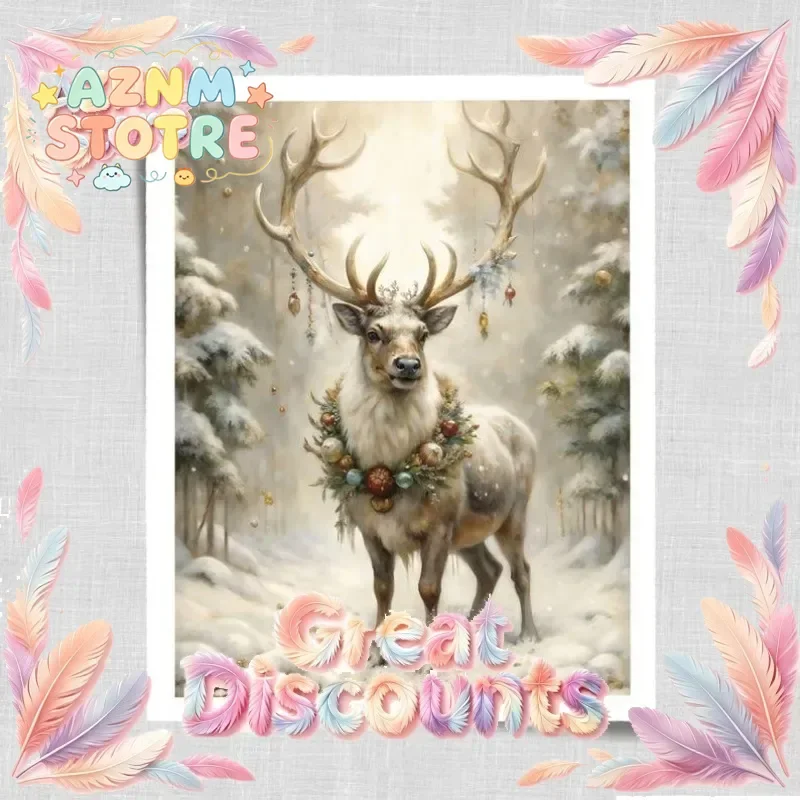 Noble Reindeer Winter Print Large Christmas Wall Art, Vintage Oil Painting Prints Cottagecore Holiday Decor