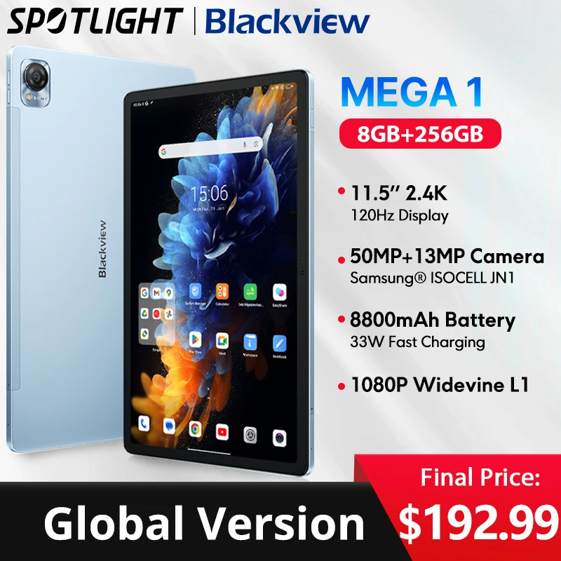 Blackview MEGA 1 태블릿, 11.5 인치, 120Hz, 2.4K 디스플레이, 8GB, 256GB, 50MP + 13MP 카메라 패드, 8800mAh, 33W 고속 충전, 월드 프리미어