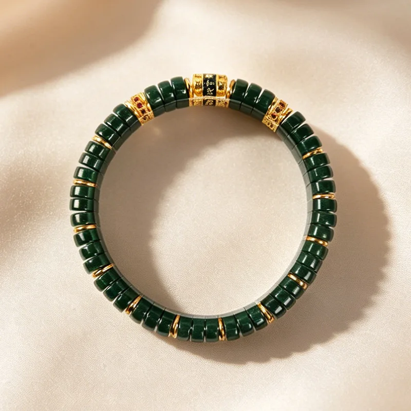 Handmade Chinese Traditional Sherpa Glass Flat Disc Beads Bracelet With Engraved Prayer Wheel Charm Ethnic Jewelry For Men Women 3