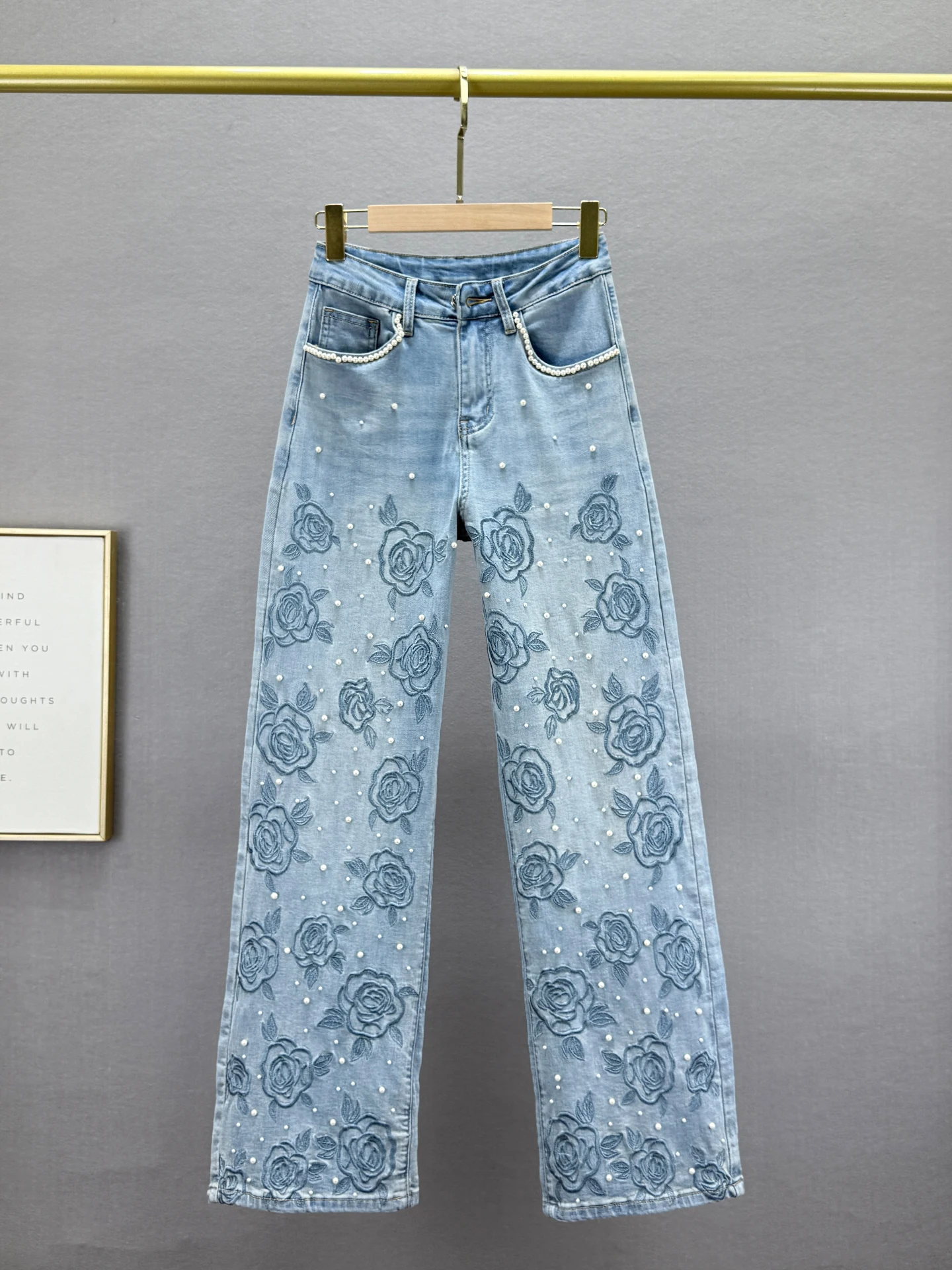 

Джинсы Ele с вышивкой и бисером, прямые, с высокой талией, свободного кроя, утягивающие, в китайском стиле, длинные брюки для женщин