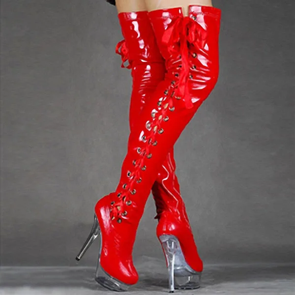 Sexy Patent leather Riband Hollow Over the knee Boots 15CM High heeled shoes Red Crystal Thin heels Nightclub Pole Dance 6inches