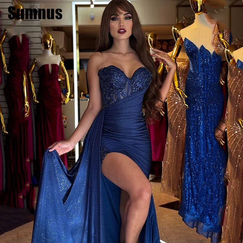 SUMNUS-vestido de fiesta largo hasta el suelo, traje Sexy de sirena con abertura lateral y escote en forma de corazón, color azul real