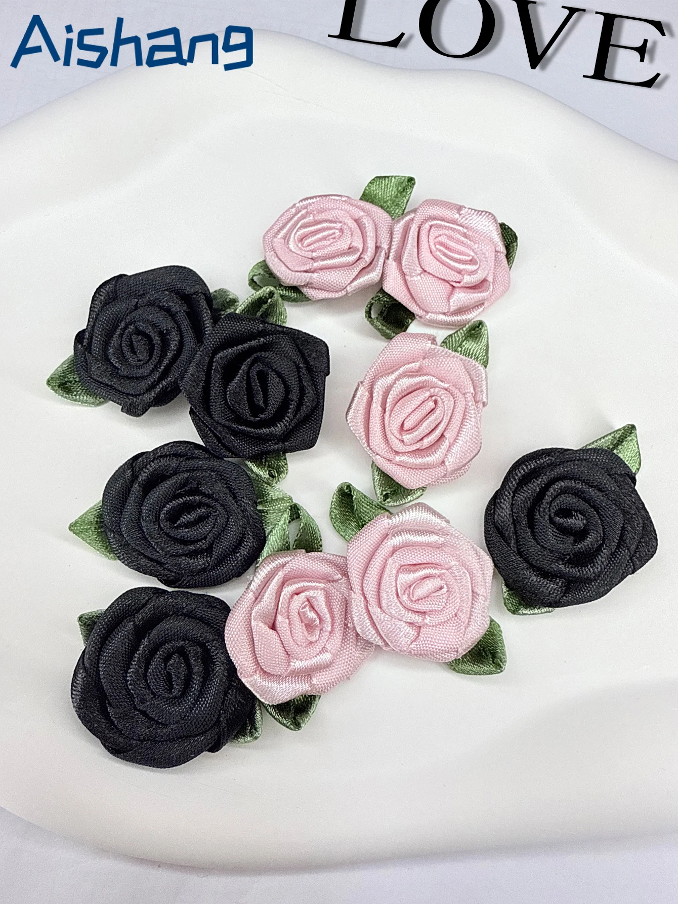 Satin Ribbon Rose Bud Flowers Buds With Green Leaves for Scrapbook DIY Headwear Garment Wedding Decor Supplies