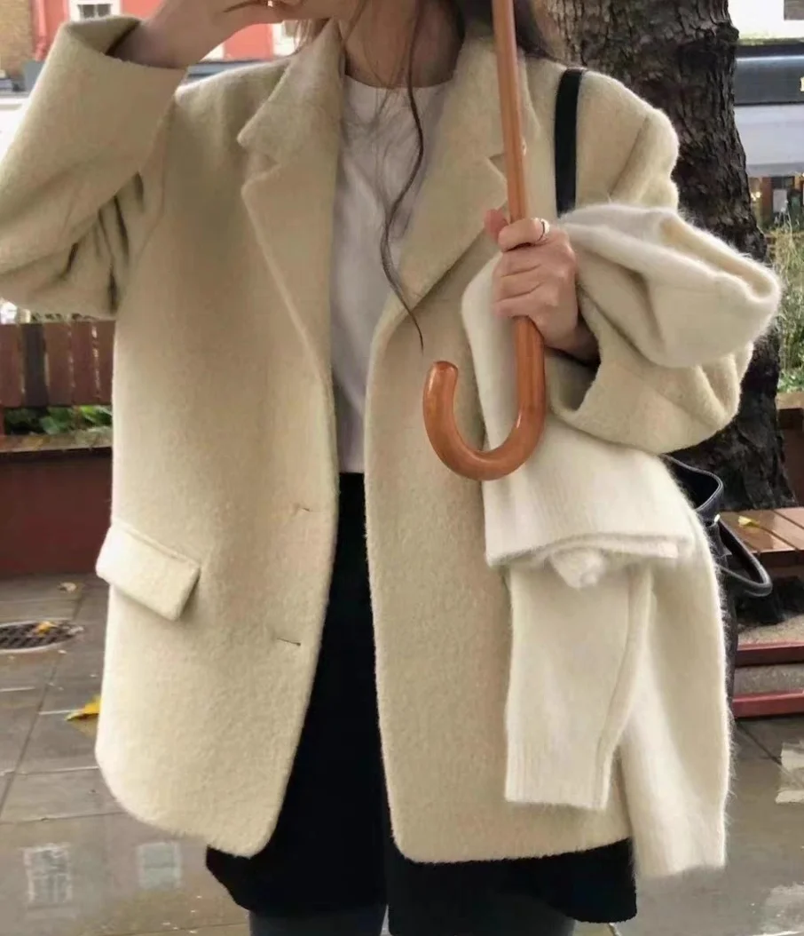 Ounce2025 Winter Thi Warme Pure Kleur Wollen Pakjas Ele Eenvoudige Quali Dames Lange Sve Normale Lengte Bovenkleding