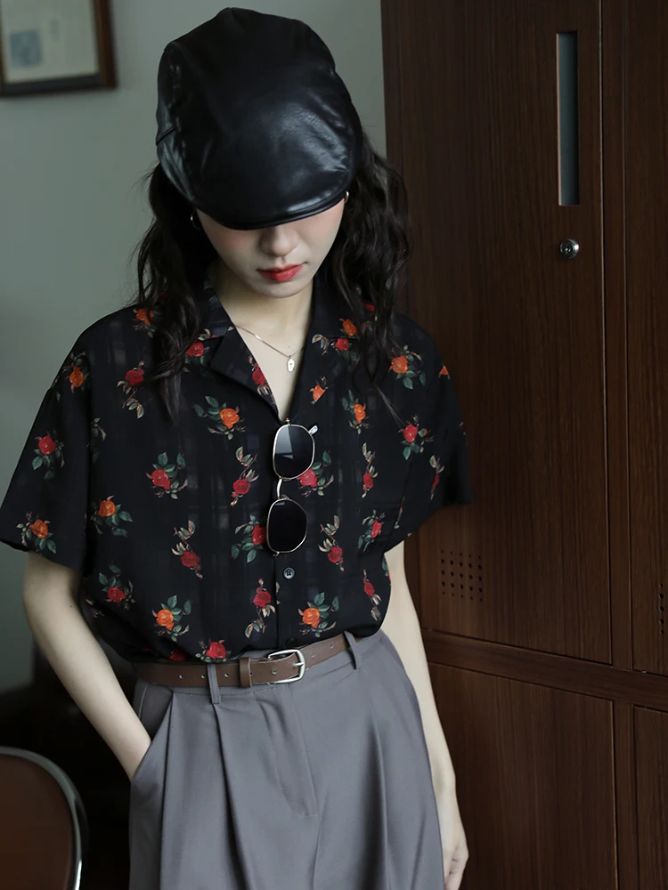 Nuovo cinese Sle Rose Print Bla ort Sve da donna estivo leggero in chiffon irt Vintage Hong Kong Sle Top