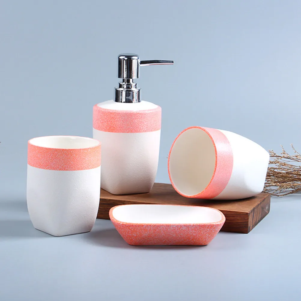

1Set Ceramic Bathroom Accessories Set Pink Tooth Mug Emulsion Bottle Soap Dish Soap Holder Stylish Elegant Organized Home Decor