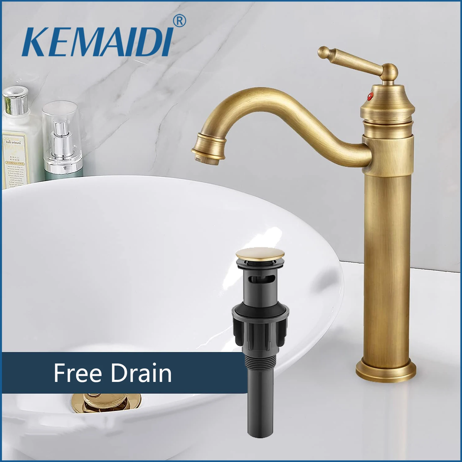 

KEMAIDI Antique Brass Bathroom Sink Faucet with Drain Single Handle Long Spout Bathroom Faucets Hot Cold Water Mixer Tap Black