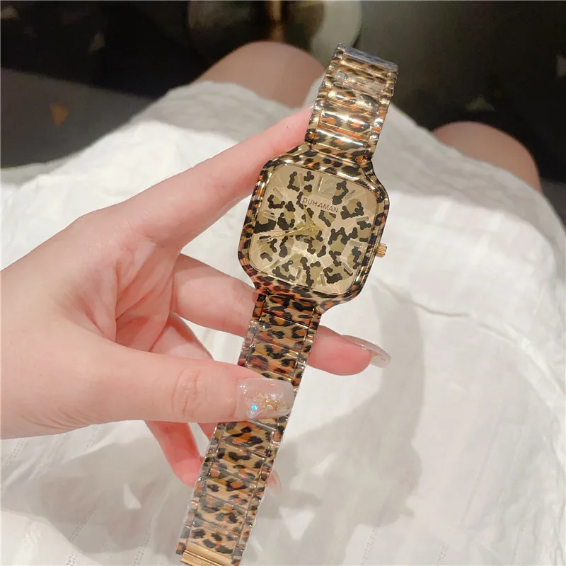 DUHAMAN Women Quartz Watch Fashion Square Casual Ladies Watch Female Quartz Gold Watch Leopard For Women Clock A251