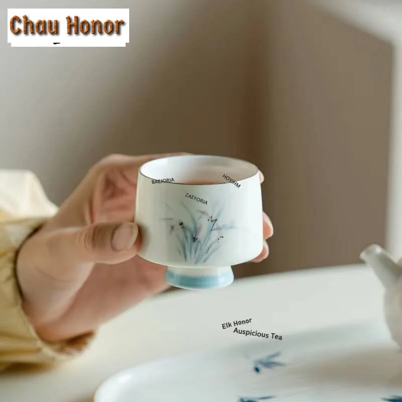 2pc/set Outline in Gold Teacup Hand-painted Orchid Tea Bowl High Foot Cup Personal Cup Master Cups Cafes Tea Accessories 60ml