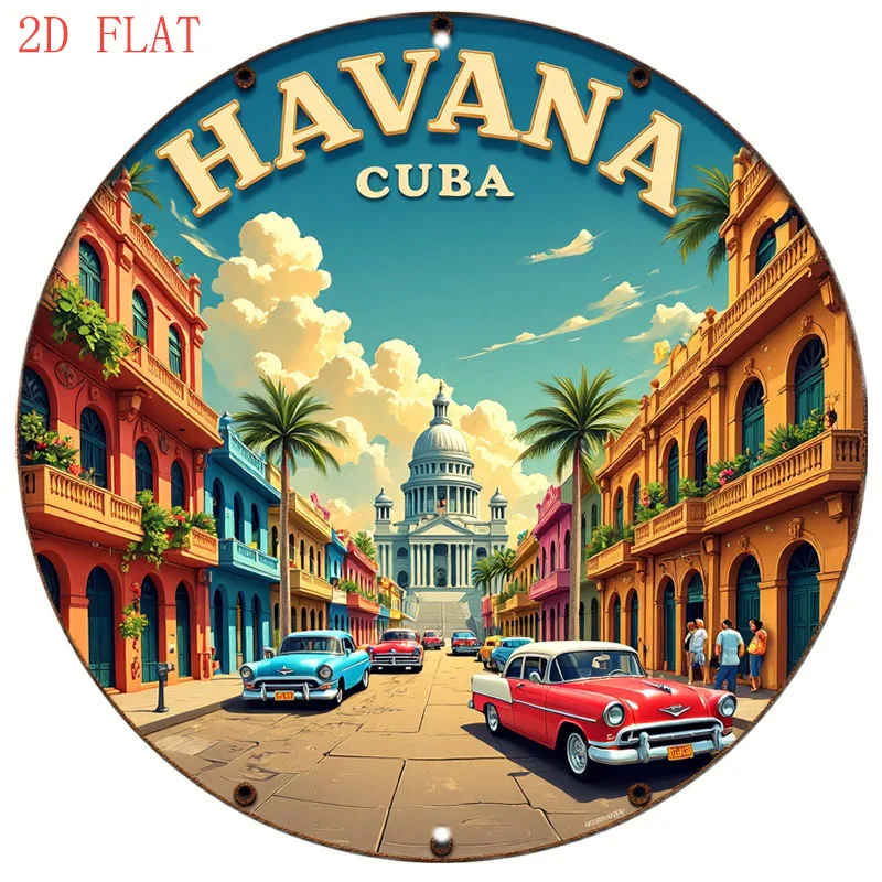 Letrero Metálico Decorativo de Pared de 8 Pulgadas con Diseño Vintage de Autos de Cuba y Edificios Coloridos - Paisaje Urbano Cubano Retro Vibrante con Autos Clásicos