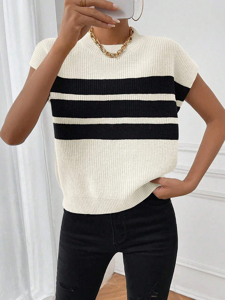 Haut rayé noir et blanc à col rond pour femme, pull tricoté à manches courtes, style vacances, à la mode