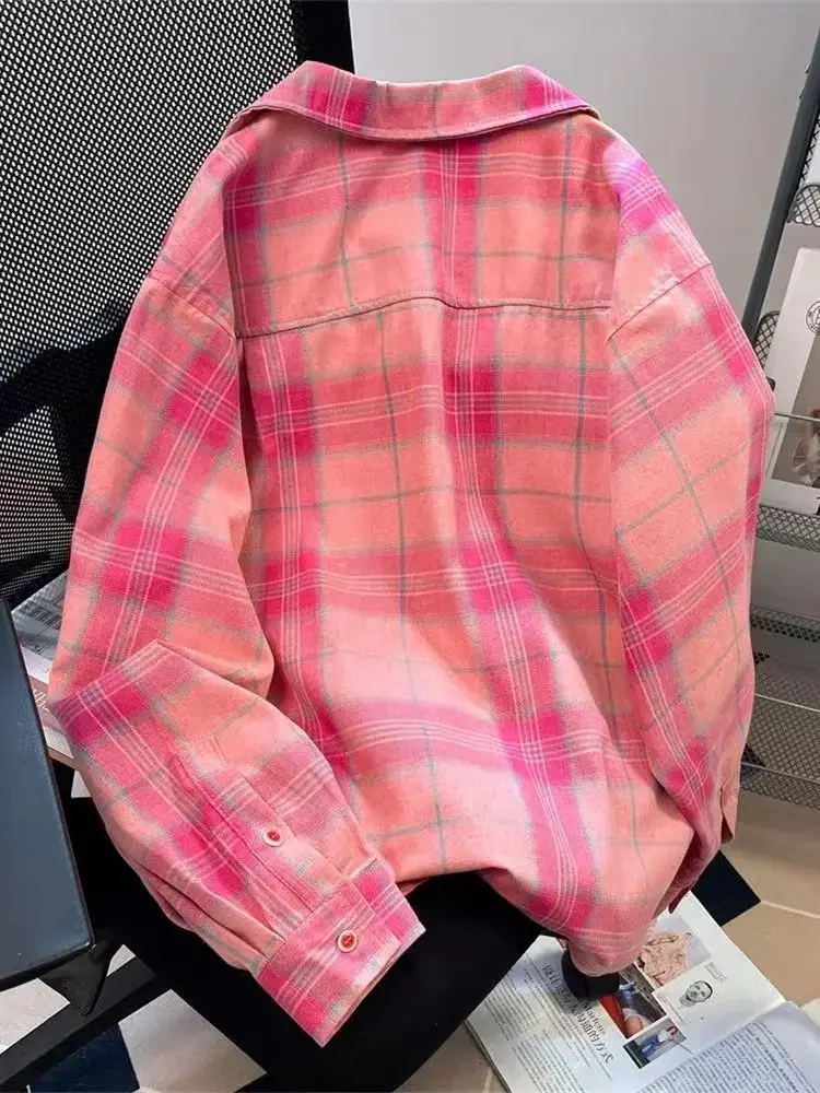 Y2K 아메리칸 빈티지 핑크 플래드 셔츠 여성 여름 패션 신상 라펠 넥 블라우스 루즈핏 긴팔 블라우스