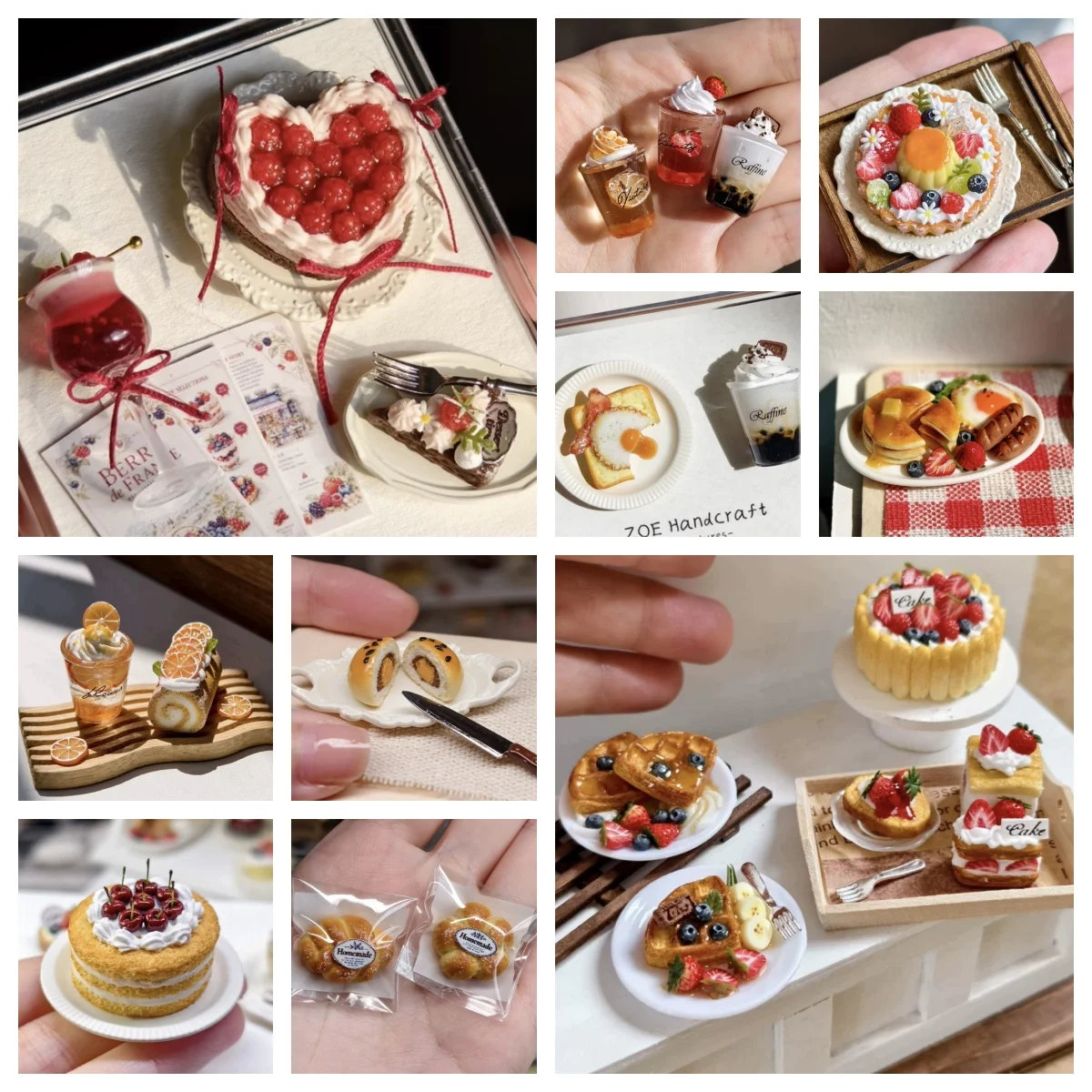 Realistic Polymer Clay Miniature Food Dollhouse Accessory, Bagel Croissant Raspberry Mousse Strawberry Dessert, Bakery Scene Toy