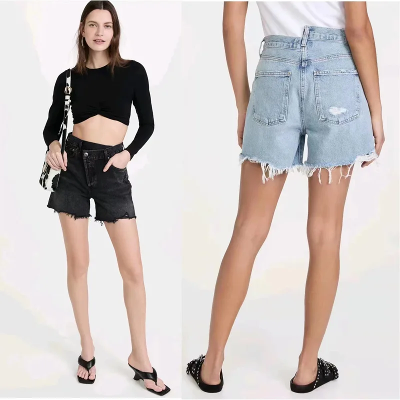 

Denim Shorts For Women 2024 New Spring/Summer High Waist Dislocated Design Frayed Irregular Hem Three-Quarter Length Runway