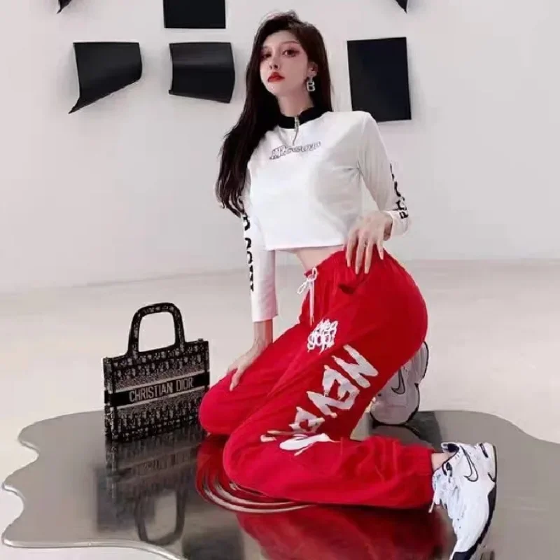 

Spring Autumn Y2K Streetwear Sweatpants Women Korean Style Letter Print Red Track Pants Oversized Harajuku Kpop Hip Hop Joggers