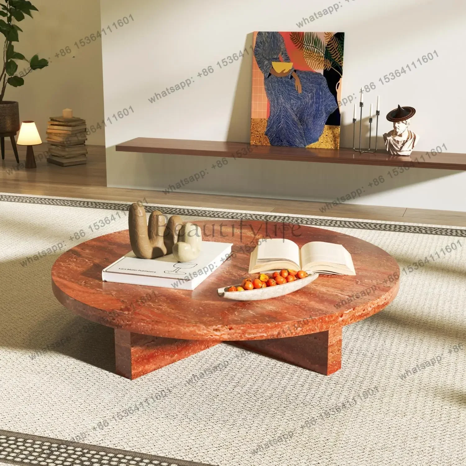 Pink Jade Round Coffee Table, Large Living Room Luxury Stone Side Table, Heat & Scratch Resistant, Master Design, Customizable