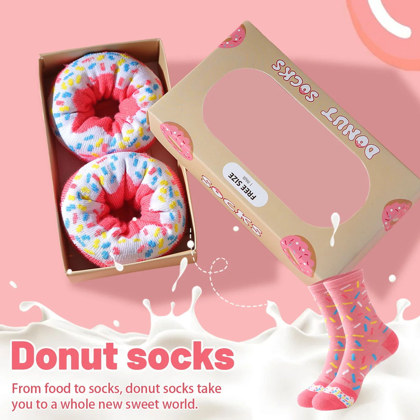 1 Paar mittelhohe Socken für Männer und Frauen, neuartige und lustige bunte rosa Donut-Geschenkbox-Socken, europäische und amerikanische Mode, trendiger Stil, bequem und atmungsaktiv, Party-Casual-Neuheitsgeschenk, Valentinstag, Weihnachten, Weihnachtsmann, Herbst- und Winterstil, All-Stil, süße und lustige Socken