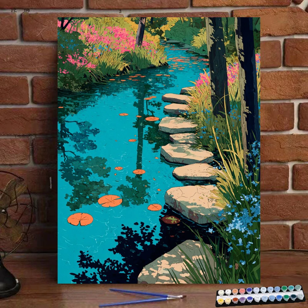 Peinture par numéros à l'huile, colorée, motif ruisseau tranquille, peinture numérique faite à la main, cadeau pour adultes et enfants, décoration murale D