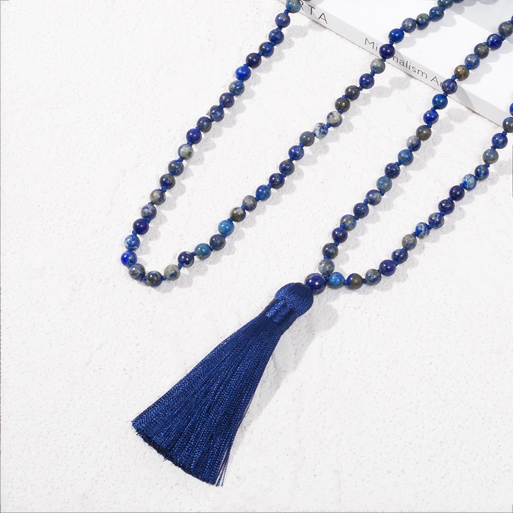 6mm Natural Lapis Lazuli Knotted 108 Mala Bead Necklace Meditation Prayer Rosary Japamala Jewelry for Men and Women