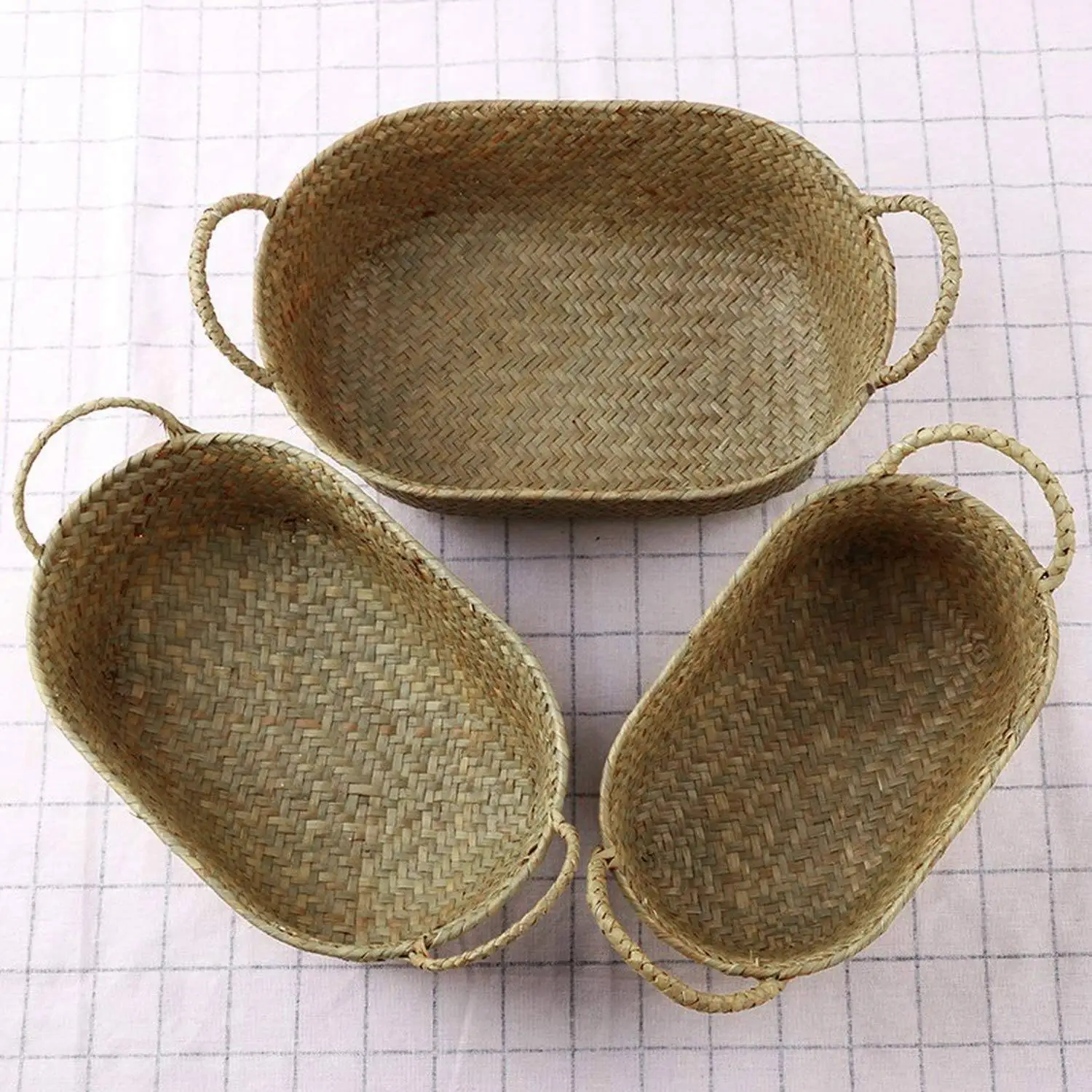 Cesta de almacenamiento tejida a mano, contenedor de paja para alimentos, organizador de maquillaje, soporte para fruta de pan de ratán (S,24x15x9cm)