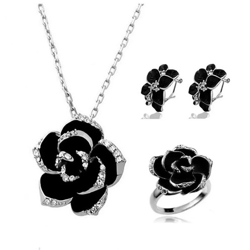 Black Rose Mountain Camellia Earrings Necklace Ring Fashion Bride Jewelry Set For Women Gift