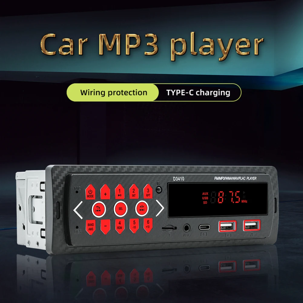 

Wireless Car Radio MP3 Player Type-C Charging Port Hands Free RCA Audio Output Support AUX Cable USB Drive Storage Card Playback