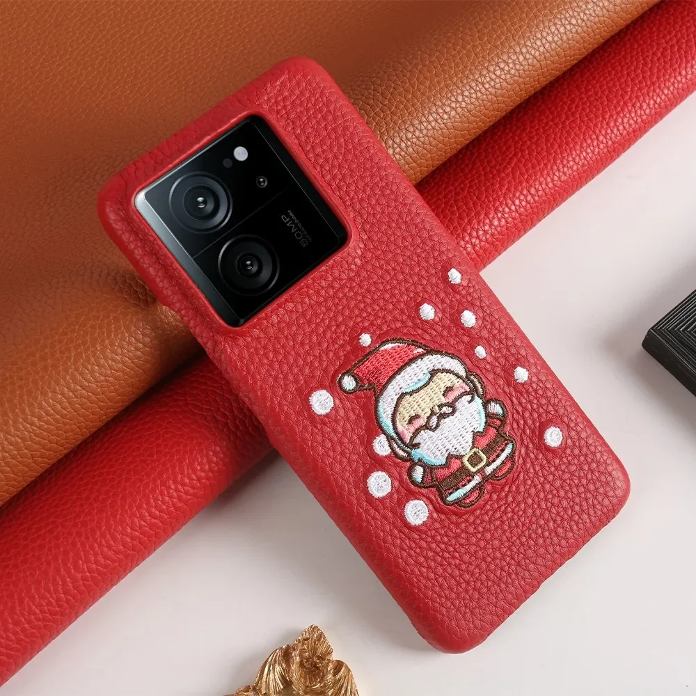 Christmas Santa Claus Embroidered Genuine Leather Phone Case ForXiaomi 14T Pro 14pro 13T 13 12 14ultra Shockproof Funda Carcasa