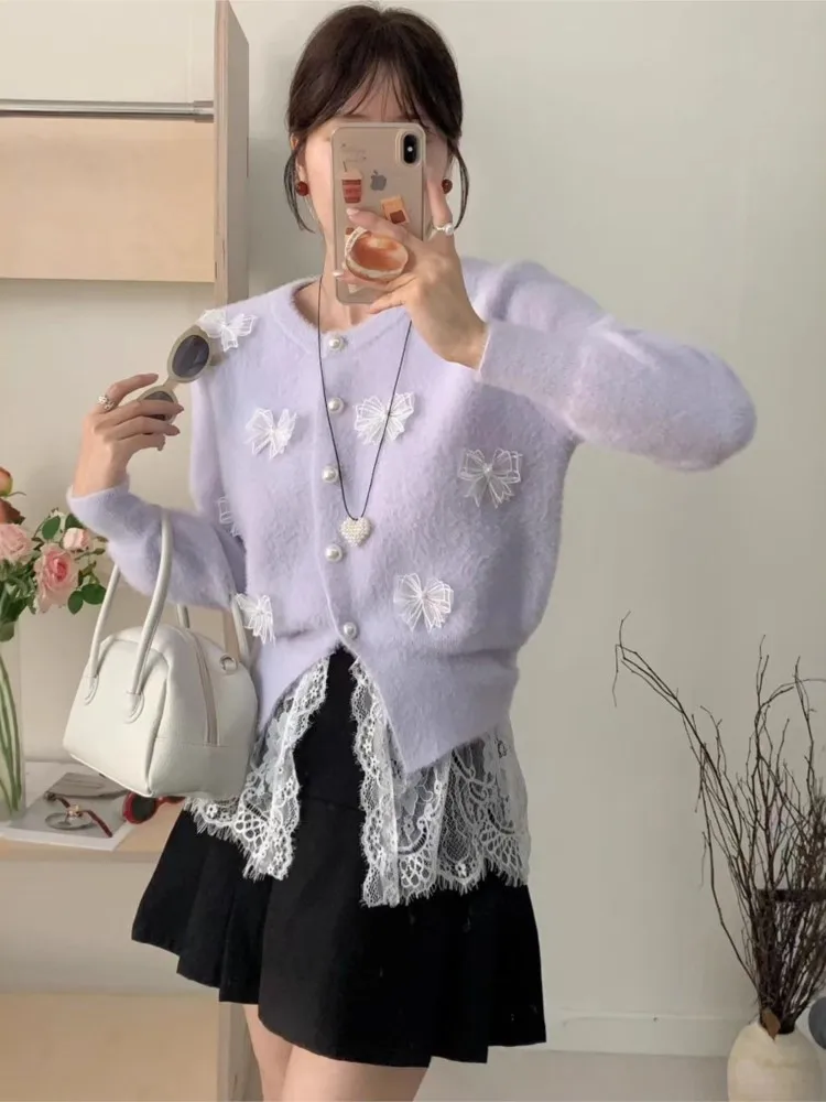 

2025 Lace patchwork cardigans Bowknot cardigan woman pulls femmes sweater Knitted fall clothes all-match Homewear sweet