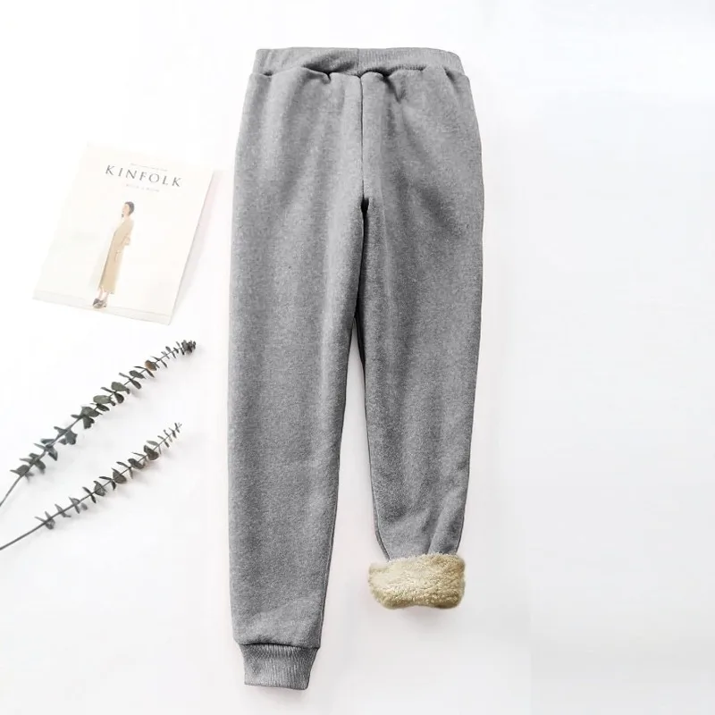 الخريف الشتاء جلد الخراف صغير الساق بلون الكورية نمط Sweatpants الصوف سميكة رياضية سراويل تقليدية الرباط الدانتيل متابعة