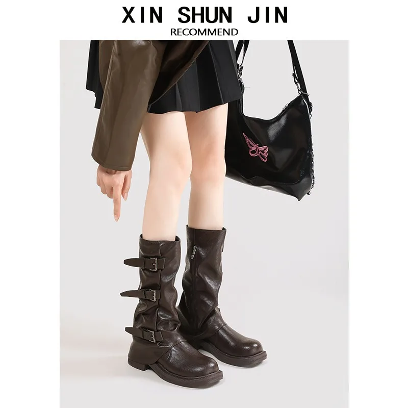 المرأة مطوية هيم الجوارب سميكة القاع مطوي الأحذية منتصف العجل الأسود فارس بانت الساق أحذية الموضة جديد 2025 الحلو كول حار #3