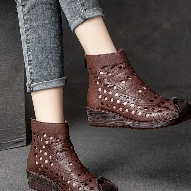 Spain Glas Genuine Leather Hollow out Boots High Top Stitched Vintage Women's Casual Shoes Breathable Wear-Resistant Outdoor