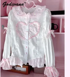 Sweet Cute Inner Wear Original Design 2024 Spring New Girl Women's Pure Cotton Long Sleeve Bow Shirt All-Match Blouses