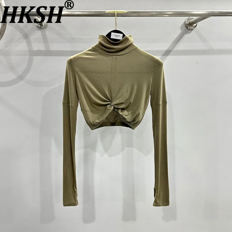 HKSH Primavera Autunno Nuove Donne T-Shirt Corta Manica Lunga Dolcevita Tinta Unita Pieghettato Slim Fit Sexy Basic Tees Chic Top HK13332